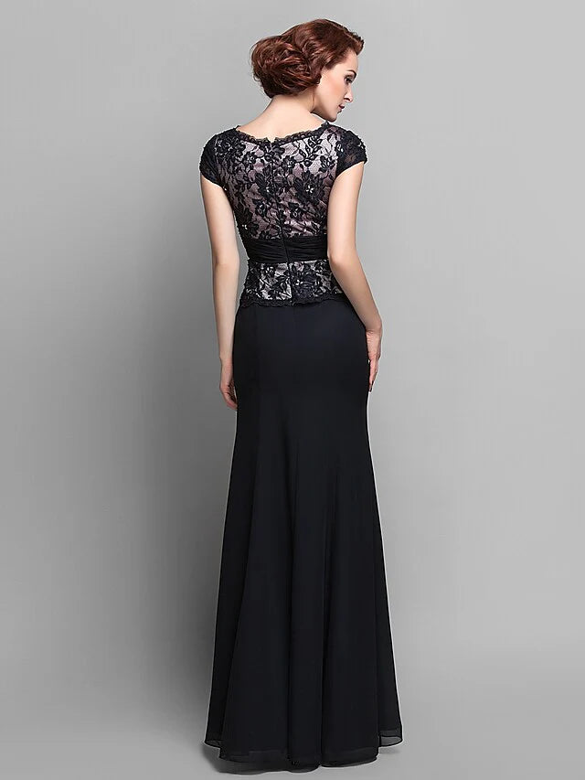 Wholesale Mother of the Bride Dress Vintage Inspired V Neck Floor Length Chiffon Lace Short Sleeve with Ruched Beading